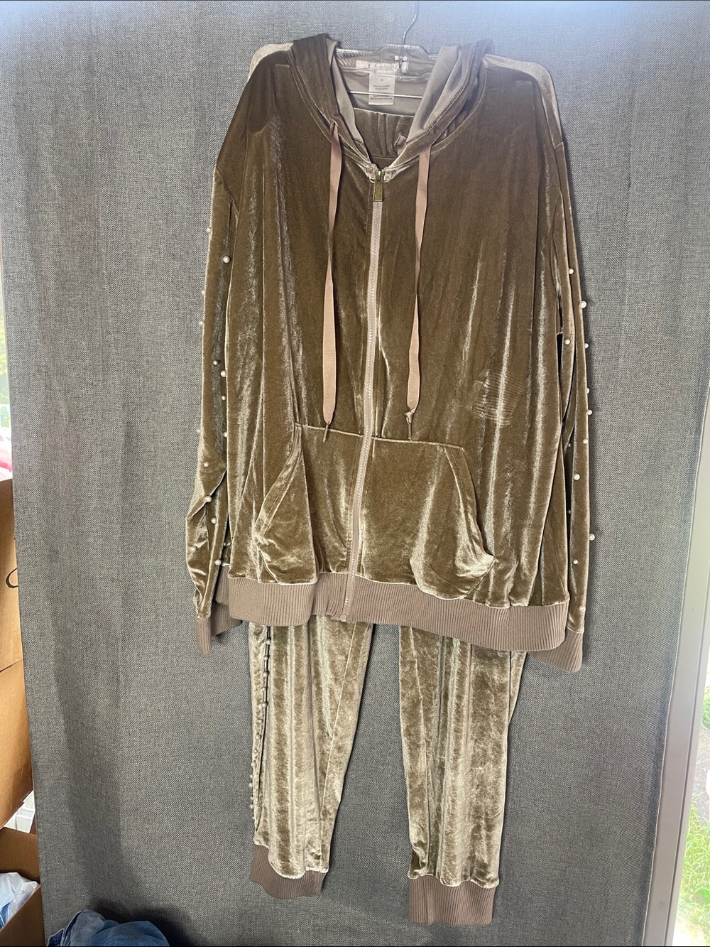 Y2K Velvet Velour Pearl Embellished Tracksuit Set Taupe Tan Hoodie & Joggers 3X